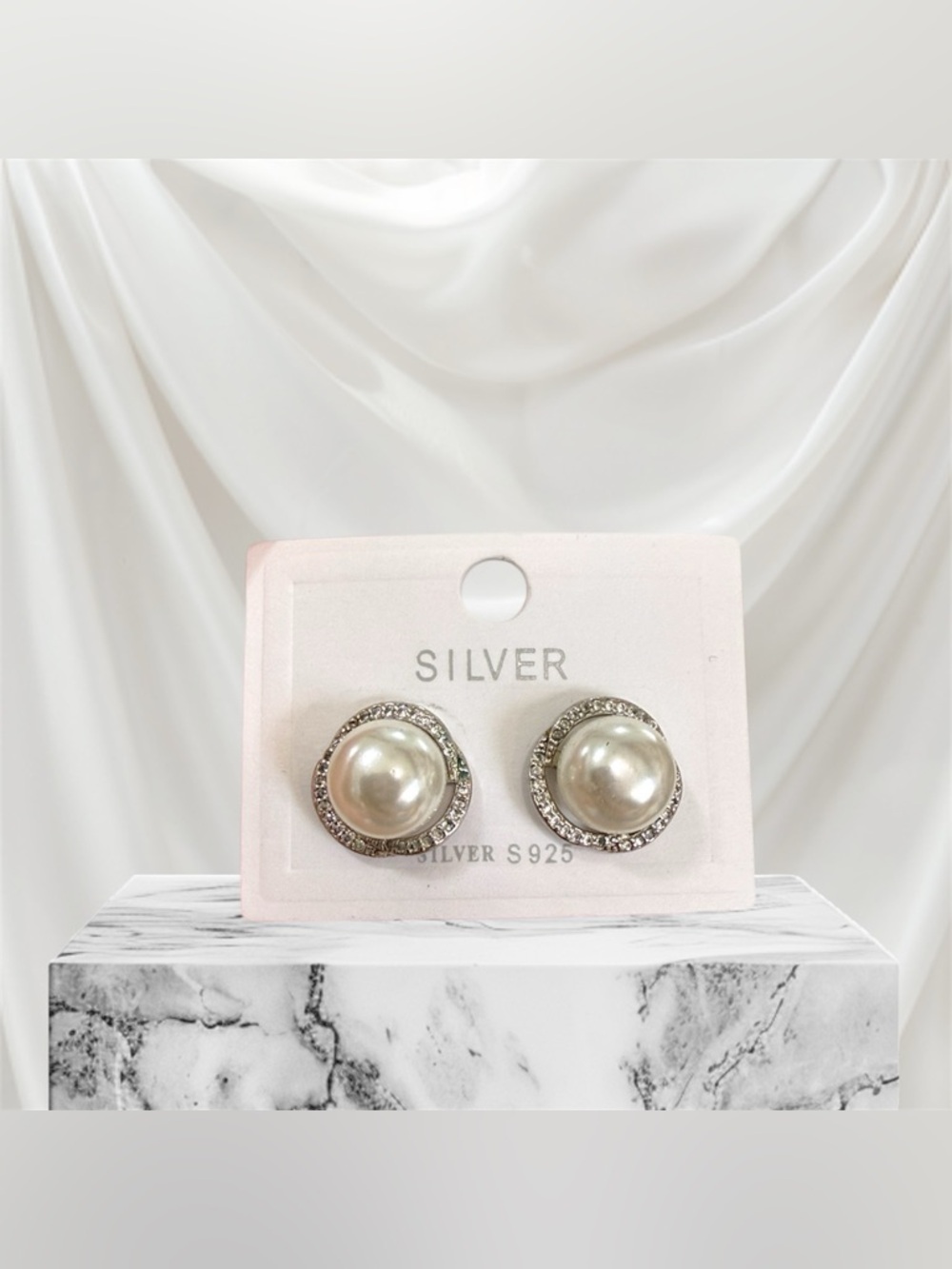 Silver White Pearl and Silver Crystal Halo Stud Earrings